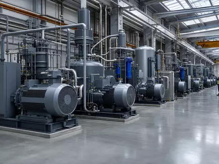 Atlas Copco AB (ISIN SE0011166610) zeigt moderne Industriekompressoren in einer hellen Fertigungshalle mit Technikern - Foto: THN