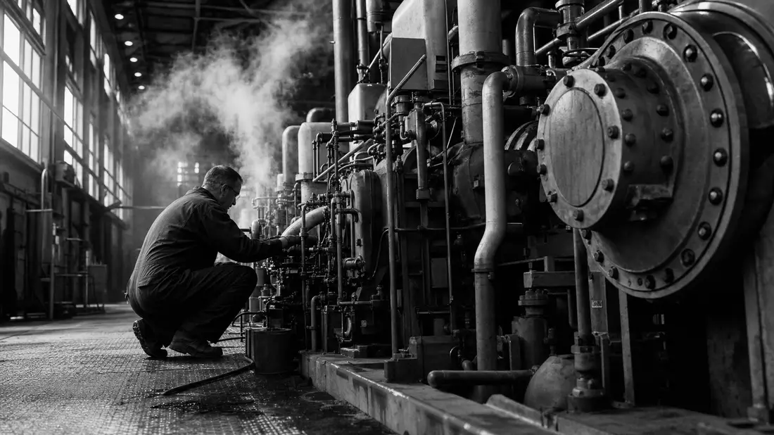 Schwarzweißfoto eines Technikers bei Wartung einer Industriemaschine im Dampf