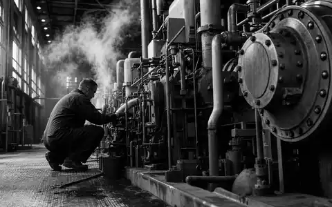 Atlas Copco AB (ISIN SE0011166610) präsentiert Schwarzweiß-Reportage eines Technikers an schwerem Kompressoraggregat - Foto: THN