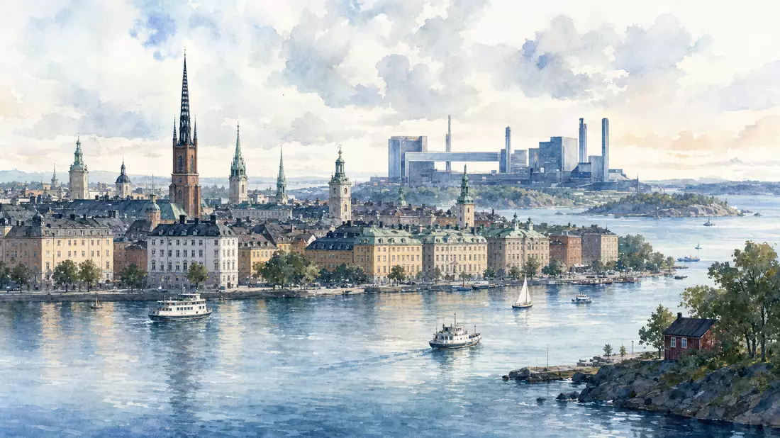 Aquarellmalerei von Stockholms Skyline mit Wasser und Industriegebäude dahinter