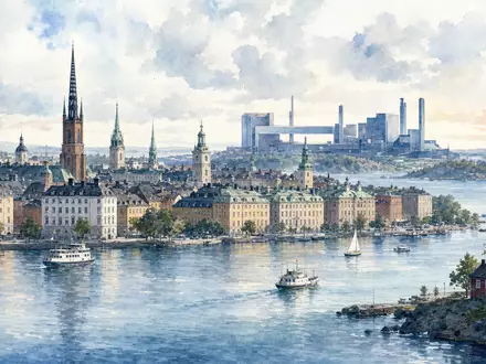 Atlas Copco AB (ISIN SE0011166610) zeigt Aquarellansicht der Stockholmer Altstadt mit industrieller Anlage im Hintergrund - Foto: THN
