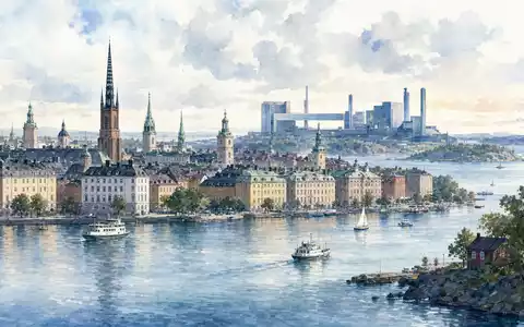 Atlas Copco AB (ISIN SE0011166610) zeigt Aquarellansicht der Stockholmer Altstadt mit industrieller Anlage im Hintergrund - Foto: THN