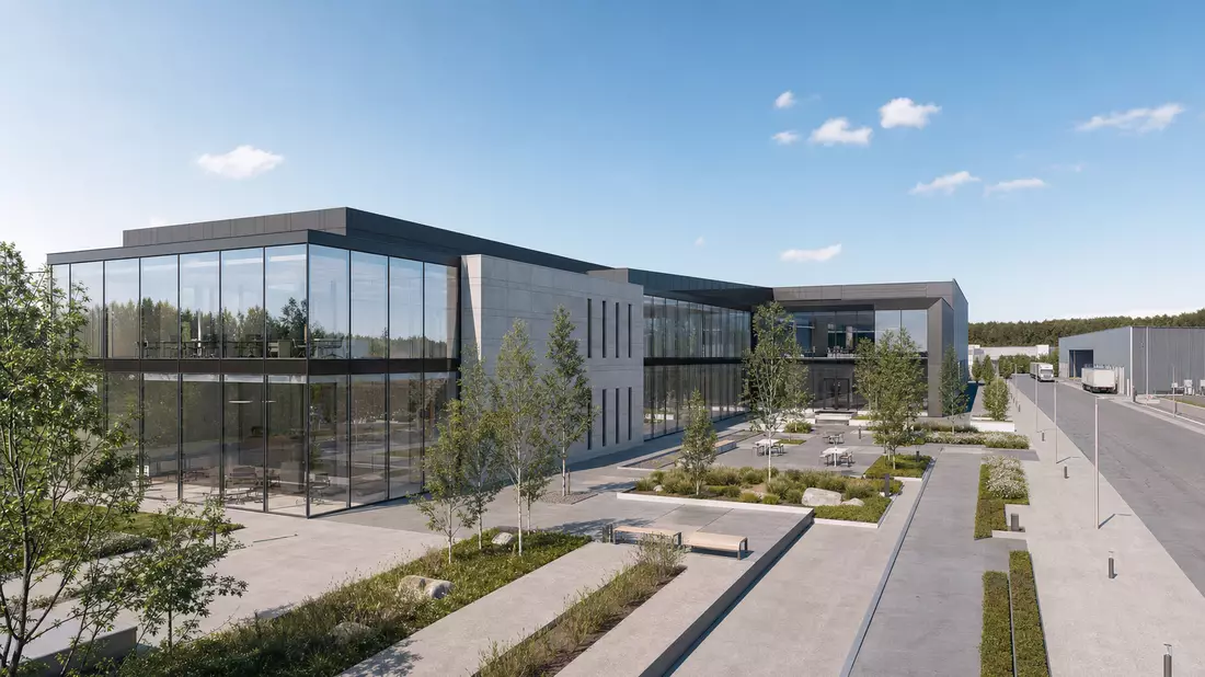 Architektur-Rendering eines modernen Bürogebäudes mit Glasfassade und Grünflächen