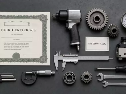 Atlas Copco AB (ISIN SE0011166610) arrangiert Aktienzertifikat, ISIN-Karte und Präzisionswerkzeuge im Flatlay-Stil - Foto: THN