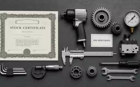 Atlas Copco AB (ISIN SE0011166610) arrangiert Aktienzertifikat, ISIN-Karte und Präzisionswerkzeuge im Flatlay-Stil - Foto: THN
