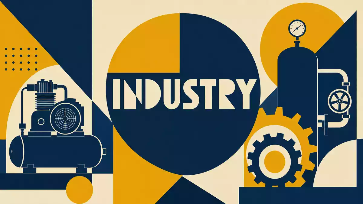 Bauhaus-Poster mit geometrischen Formen, Kompressor-Silhouette und Schriftzug INDUSTRY
