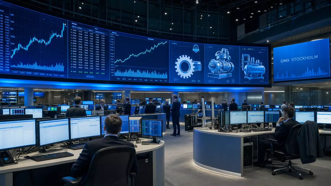 Trading-Floor mit Bildschirmen, Aktienkursen und Industriemaschinen-Symbolen in Blau
