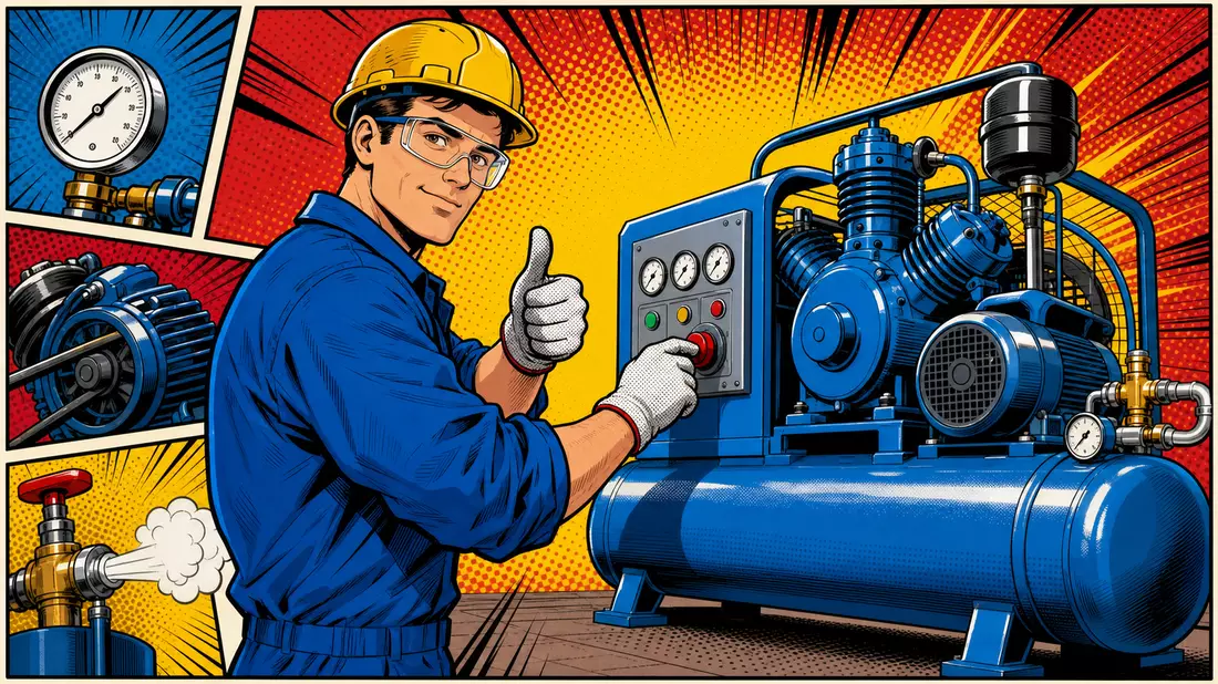 Comic-Illustration eines lächelnden Ingenieurs mit Daumen hoch an Kompressormaschine