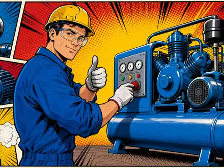 Atlas Copco AB (ISIN SE0011166610) inszeniert farbenfrohen Pop-Art-Comic mit Ingenieur an Kompressormaschine - Foto: THN