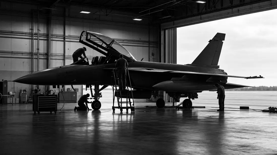 Schwarzweiß-Reportagefoto eines Kampfjets in Wartungshalle mit Technikern