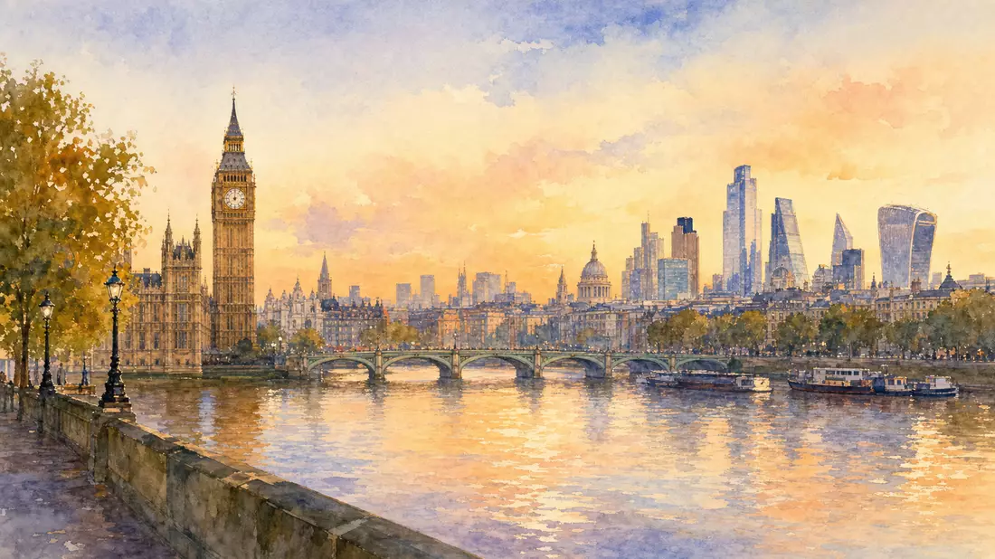 Aquarellmalerei der Londoner Skyline entlang der Themse bei goldenem Licht