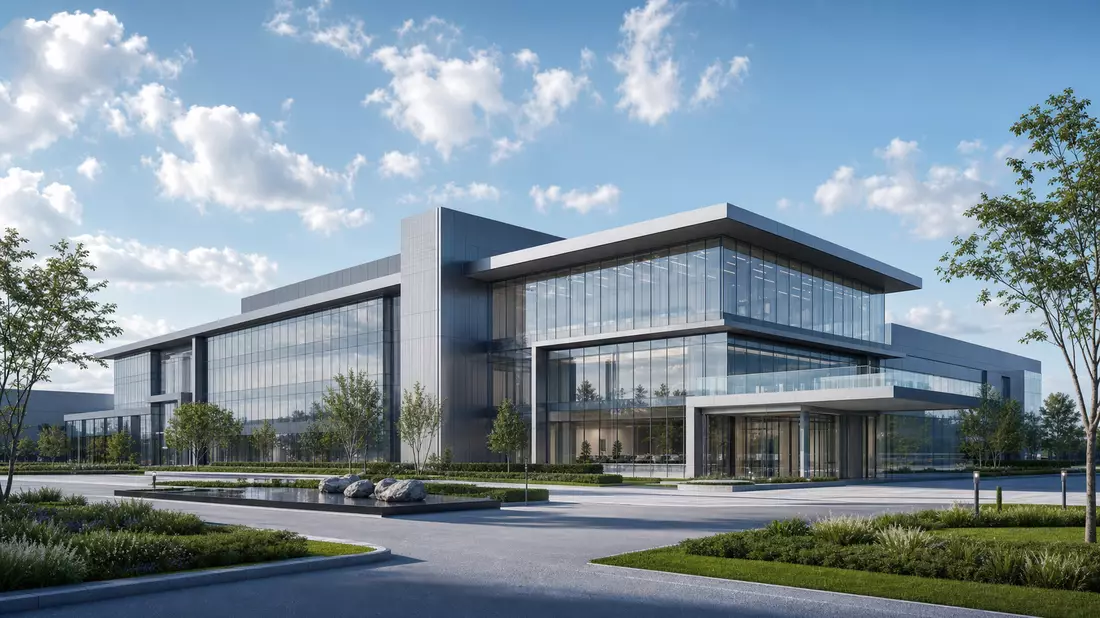 Architektur-Render eines modernen Verteidigungsforschungscampus mit Glasfassade