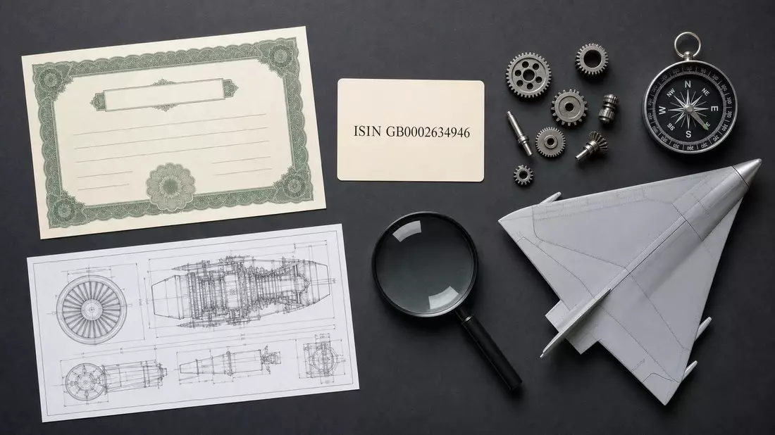 Flatlay mit Aktienzertifikat, ISIN-Karte, Zahnrädern und Modellflugzeugflügel