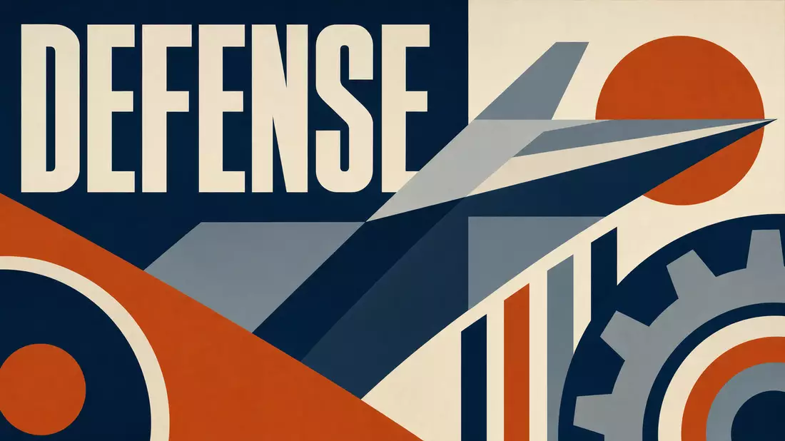 Bauhaus-Poster mit geometrischen Formen, Jetsilhouette und Schriftzug DEFENSE