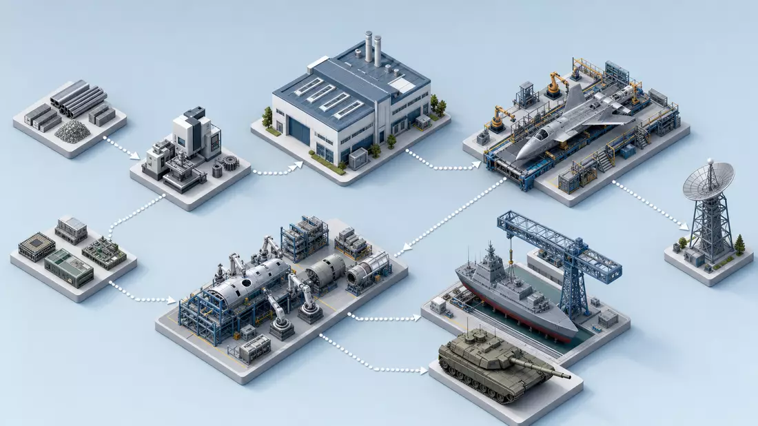 Isometrische 3D-Illustration einer Verteidigungs-Wertschöpfungskette mit Fabrik und Werft