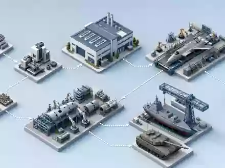 BAE Systems plc (ISIN GB0002634946) zeigt seine Wertschöpfungskette als isometrische 3D-Illustration mit Fabriken - Foto: THN
