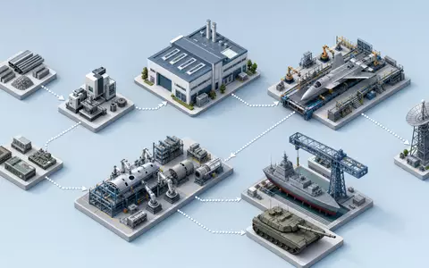 BAE Systems plc (ISIN GB0002634946) zeigt seine Wertschöpfungskette als isometrische 3D-Illustration mit Fabriken - Foto: THN