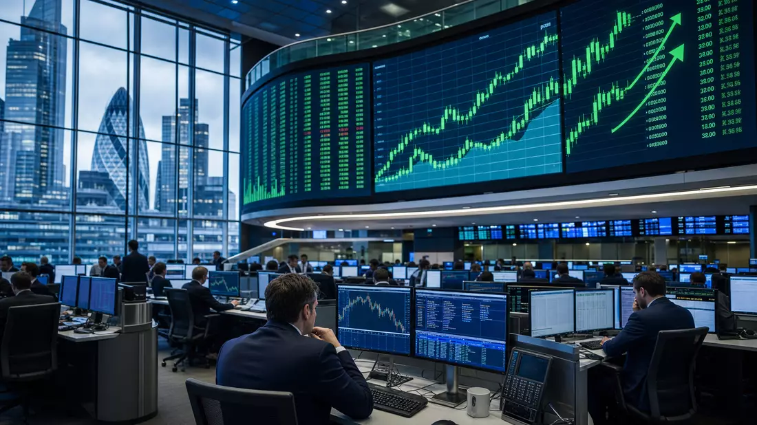 Editorialfoto eines Trading-Floors in London mit Charts und Handelsbildschirmen
