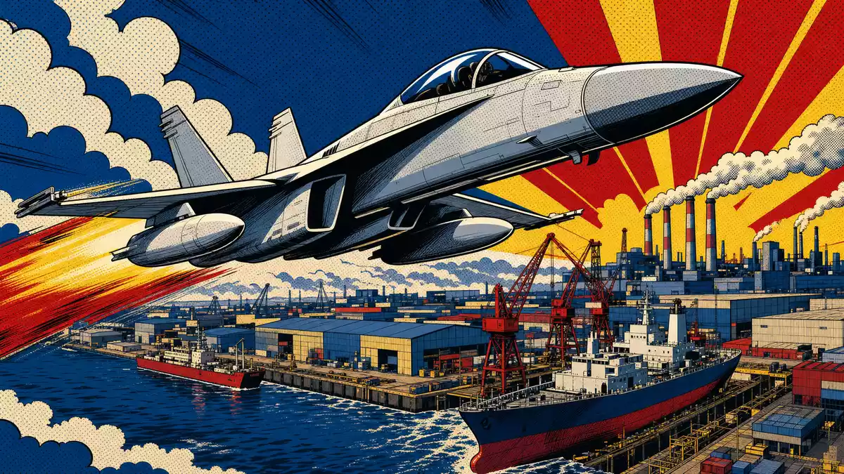 Pop-Art-Comic-Illustration eines Kampfjets über Werft und Fabriklandschaft