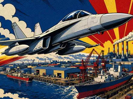 BAE Systems plc (ISIN GB0002634946) im Rüstungssektor als farbenfrohe Pop-Art-Comic-Illustration eines Kampfjets - Foto: THN