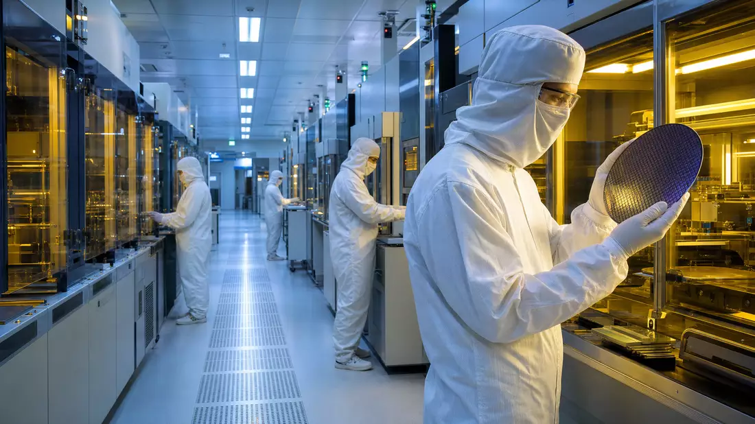 Techniker im Reinraum prüfen Siliziumwafer in einer Halbleiterfabrik