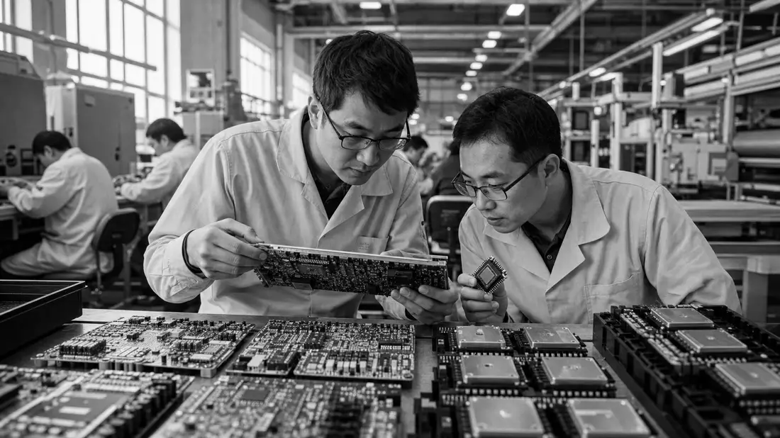 Schwarzweiß-Reportagefoto von Ingenieuren bei der Prüfung von Leiterplatten