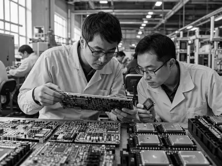Monolithic Power Systems (ISIN US6098391054) zeigt Ingenieure, die Leistungshalbleiter-Platinen in Schwarzweiß prüfen - Foto: THN
