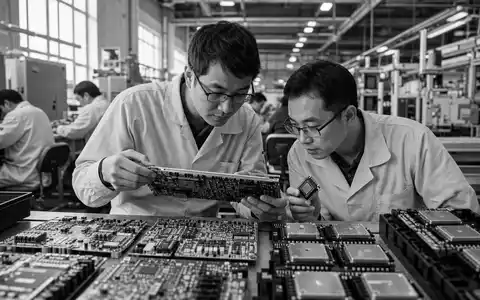Monolithic Power Systems (ISIN US6098391054) zeigt Ingenieure, die Leistungshalbleiter-Platinen in Schwarzweiß prüfen - Foto: THN