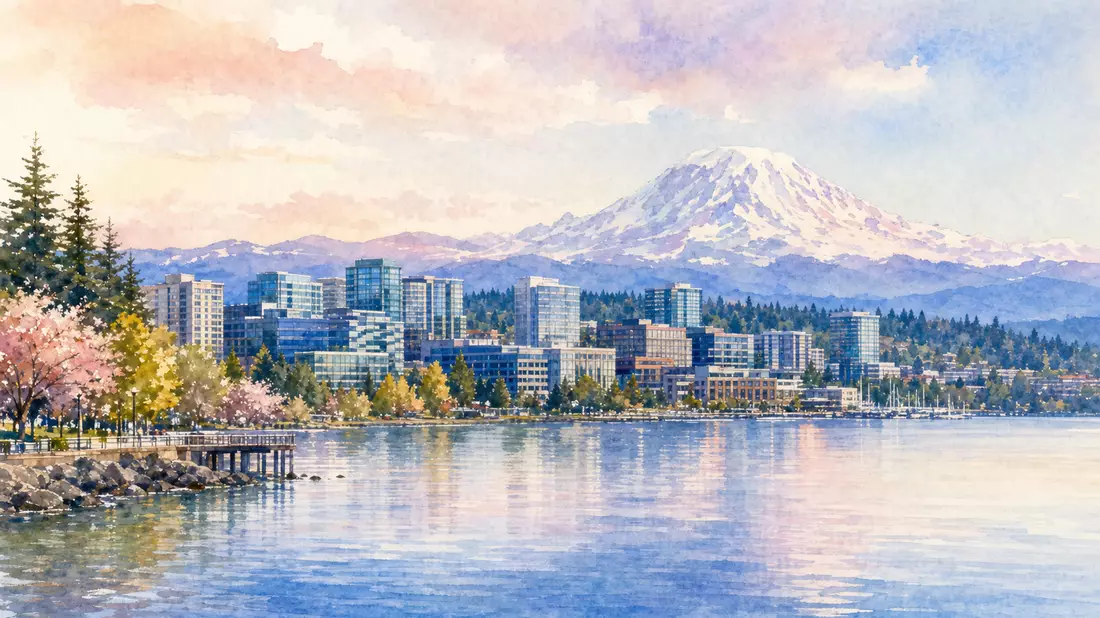 Aquarellmalerei einer Skyline am Wasser mit Bergpanorama im Hintergrund