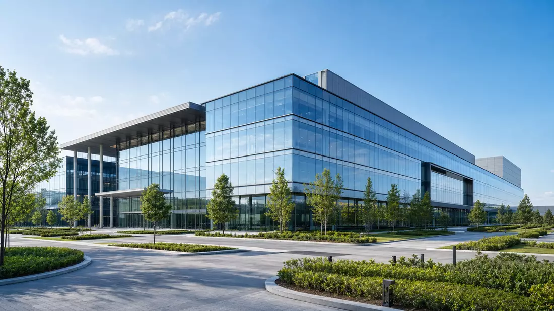 Architektur-Rendering eines modernen Glas- und Stahl-Firmengebäudes mit Grünanlage