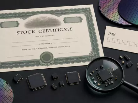Monolithic Power Systems (ISIN US6098391054) symbolisiert dieses Flatlay mit Aktienzertifikat, ISIN-Karte und Mikrochips - Foto: THN