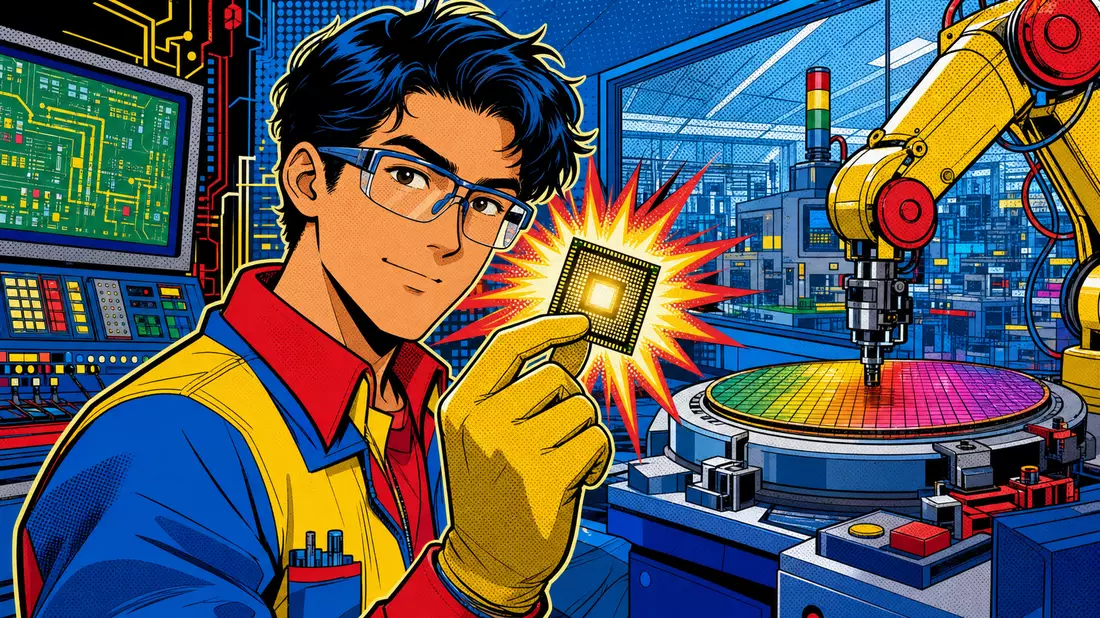Pop-Art-Comic-Illustration eines Ingenieurs mit leuchtendem Mikrochip im Labor