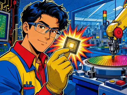 Monolithic Power Systems (ISIN US6098391054) wird als farbenfrohe Pop-Art-Comic-Szene mit Ingenieur und Mikrochip gezeigt - Foto: THN