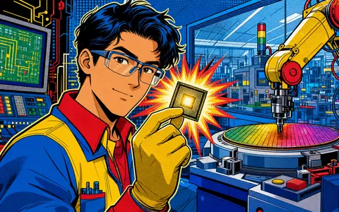Monolithic Power Systems (ISIN US6098391054) wird als farbenfrohe Pop-Art-Comic-Szene mit Ingenieur und Mikrochip gezeigt - Foto: THN