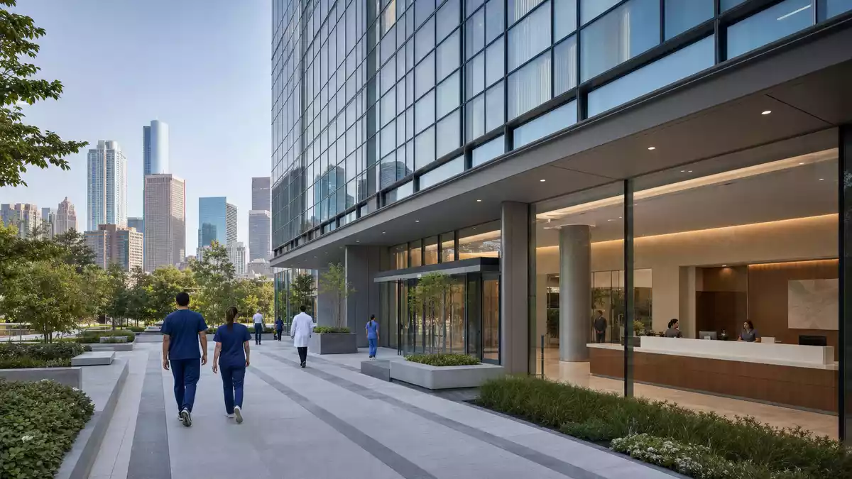 Moderner Klinikcampus mit Glasfassade und Gesundheitspersonal vor Skyline