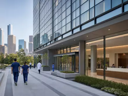 Fotorealistisches Bild zeigt Molina Healthcare US60855R1005 als modernen Klinikcampus mit Personal und Skyline im Hintergrund - Foto: THN