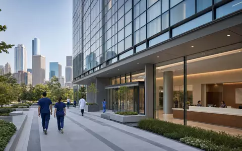 Fotorealistisches Bild zeigt Molina Healthcare US60855R1005 als modernen Klinikcampus mit Personal und Skyline im Hintergrund - Foto: THN