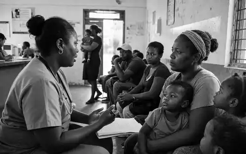 Schwarzweiß-Reportage dokumentiert Molina Healthcare US60855R1005 nahe einer Gemeinschaftsklinik mit wartenden Patienten und Pflegekraft - Foto: THN