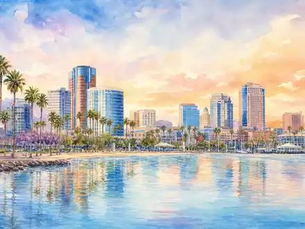 Aquarellmalerei symbolisiert Molina Healthcare US60855R1005 durch eine Küstenstadt-Skyline in warmen Pastelltönen bei Sonnenuntergang - Foto: THN