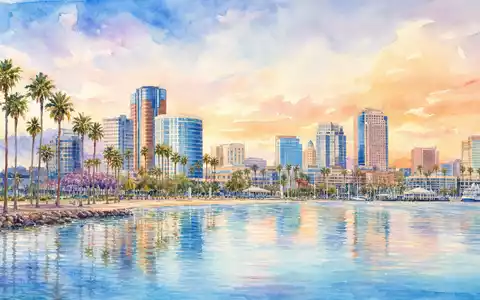 Aquarellmalerei symbolisiert Molina Healthcare US60855R1005 durch eine Küstenstadt-Skyline in warmen Pastelltönen bei Sonnenuntergang - Foto: THN