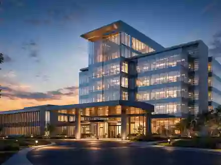 Architektur-Render visualisiert Molina Healthcare US60855R1005 als modernen gläsernen Firmensitz mit warmem Innenlicht bei Dämmerung - Foto: THN