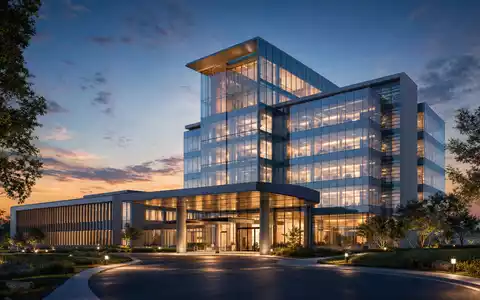 Architektur-Render visualisiert Molina Healthcare US60855R1005 als modernen gläsernen Firmensitz mit warmem Innenlicht bei Dämmerung - Foto: THN
