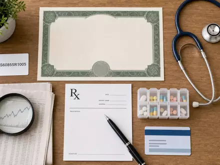 Flatlay-Arrangement repräsentiert Molina Healthcare US60855R1005 mit Zertifikat, ISIN-Karte, Stethoskop und medizinischen Utensilien auf Holztisch - Foto: THN