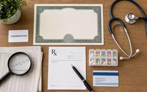 Flatlay-Arrangement reprÀsentiert Molina Healthcare US60855R1005 mit Zertifikat, ISIN-Karte, Stethoskop und medizinischen Utensilien auf Holztisch - Foto: THN
