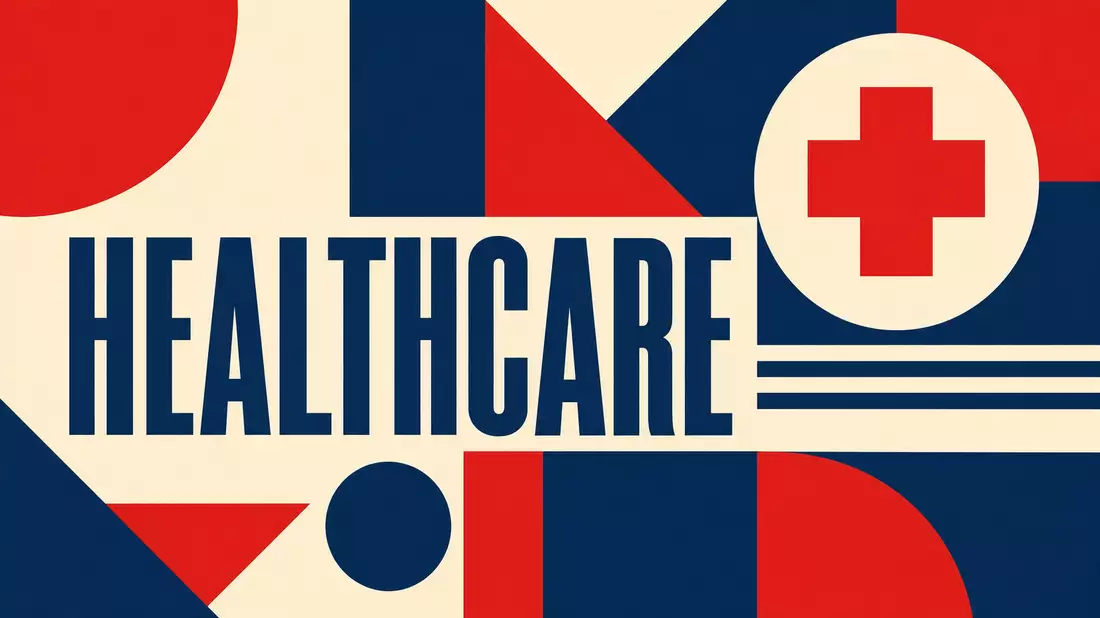 Geometrisches Bauhaus-Poster in Rot Blau Creme mit Schriftzug HEALTHCARE und Kreuzsymbol