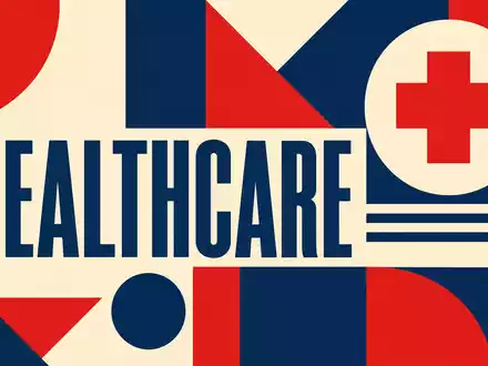Bauhaus-Poster im geometrischen Stil symbolisiert Molina Healthcare US60855R1005 mit Schriftzug HEALTHCARE und abstraktem Kreuzsymbol - Foto: THN