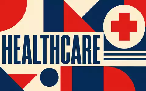 Bauhaus-Poster im geometrischen Stil symbolisiert Molina Healthcare US60855R1005 mit Schriftzug HEALTHCARE und abstraktem Kreuzsymbol - Foto: THN