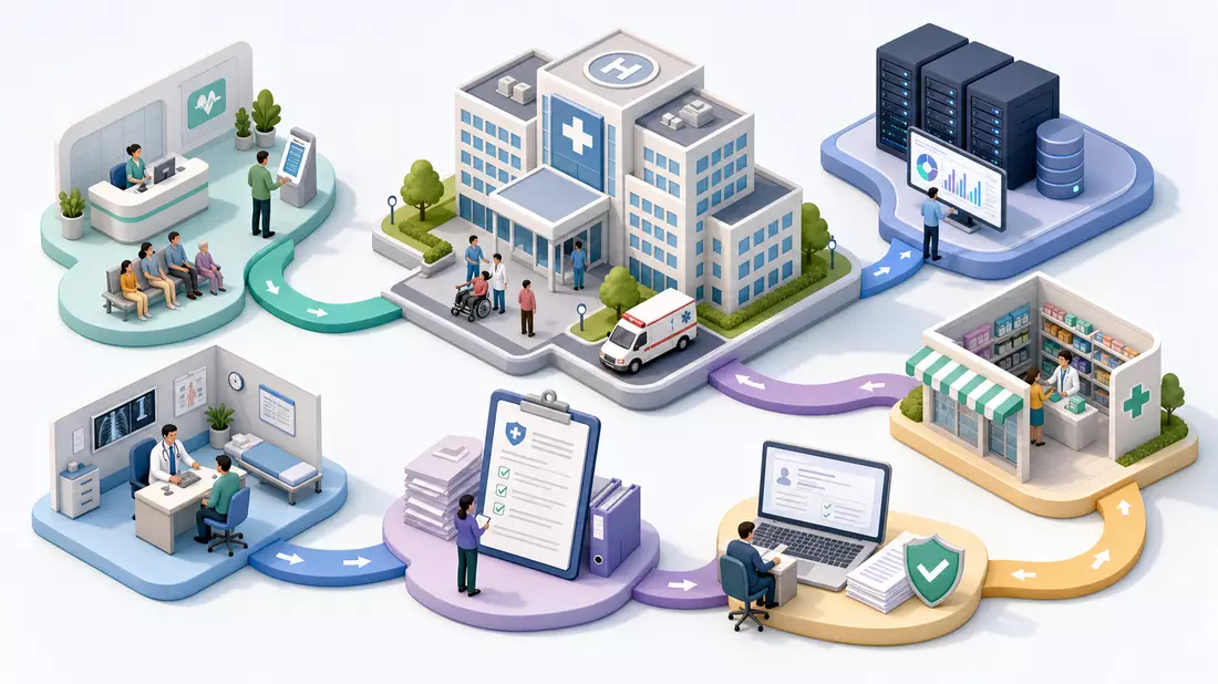 Isometrische Illustration einer Gesundheitsversorgungskette mit Klinik, Apotheke und Datenanalyse