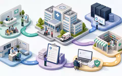 Isometrische 3D-Grafik erklärt Molina Healthcare US60855R1005 anhand der Wertschöpfungskette im Gesundheitswesen von Klinik bis Apotheke - Foto: THN