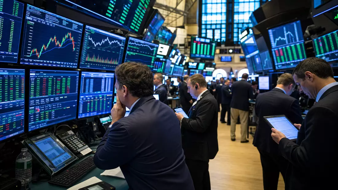 Trading-Floor mit Händlern vor Bildschirmen mit Kursdiagrammen des Gesundheitssektors